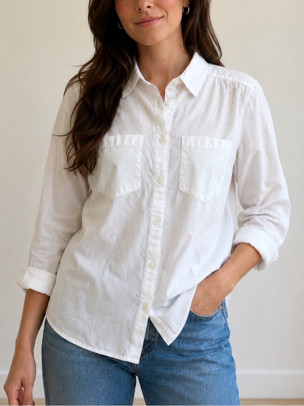 Ann Taylor Factory Petite Off White Pinstripe Button Down Shirt XXSP